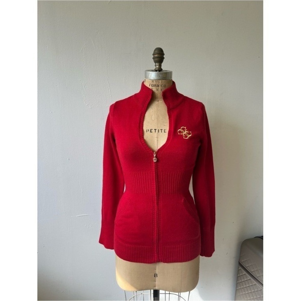 Vintage Guess Jeans Red Zip Up Mock Neck Sweater Gold Logo Ribbed Knit Medium